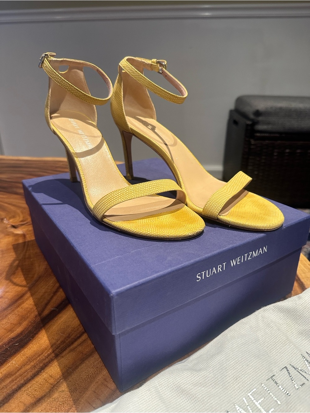 Stuart Weitzman Yellow Lizard Embossed NuNaked Ankle-Strap Stiletto Sandals